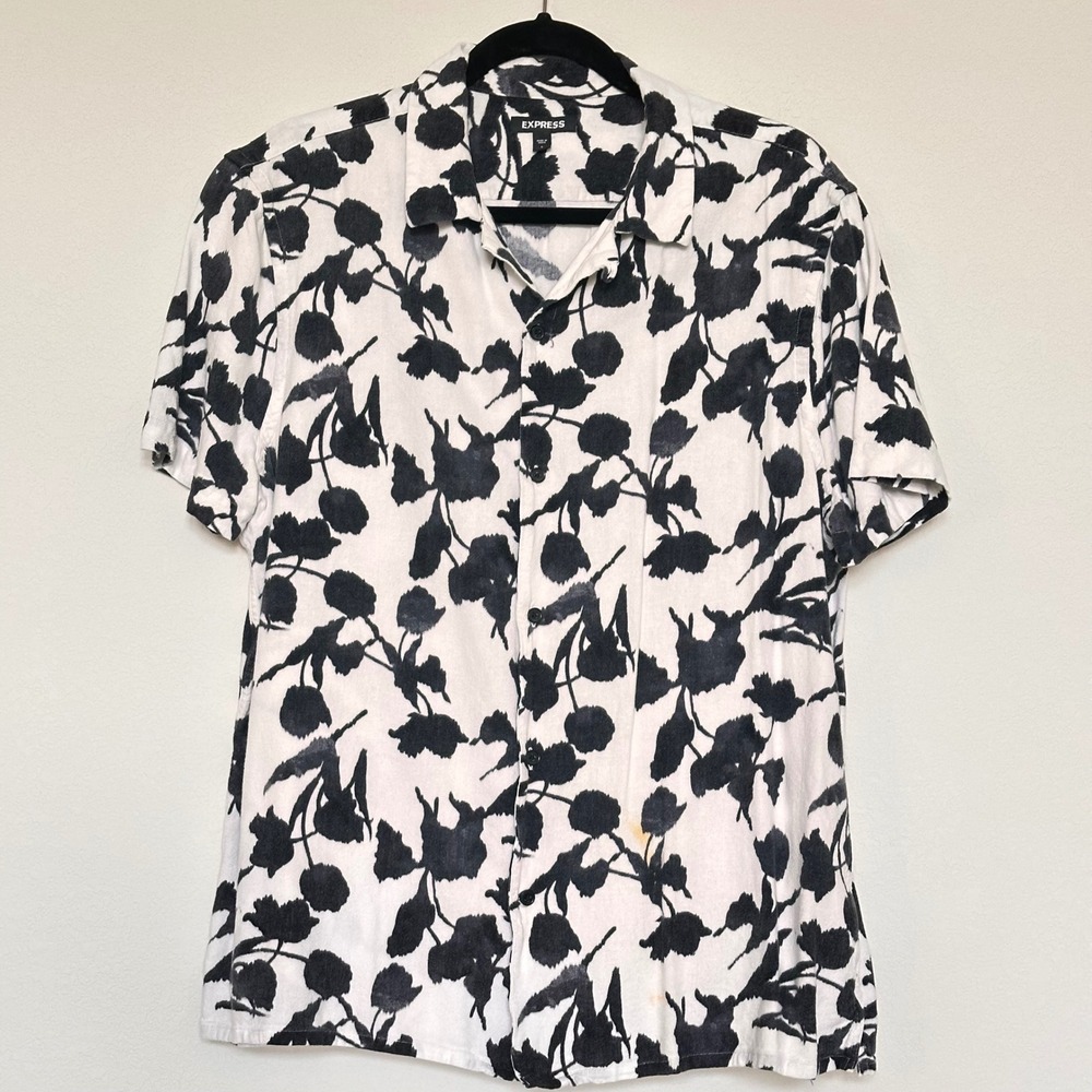Express‎ Mens Large Black White Floral Linen Blend Short Sleeve Button Up Shirt